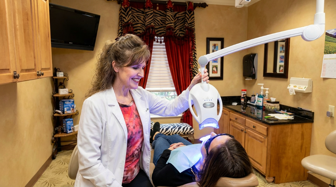 Professional teeth whitening treatment in progress