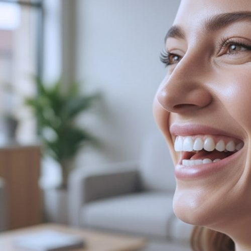 A woman smiles at a dentist's office - buford dentist naccid